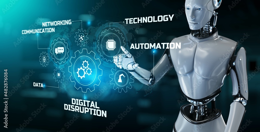 Fototapeta premium Digital disruption transformation disruptive innovation concept. Robot pressing button on screen 3d render.