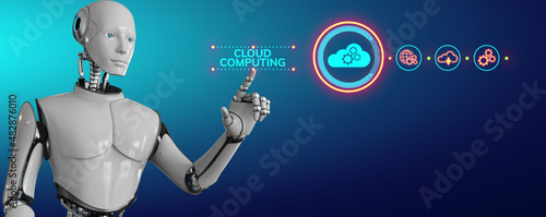 Cloud technology computing concept. Robot pressing button on screen 3d render.