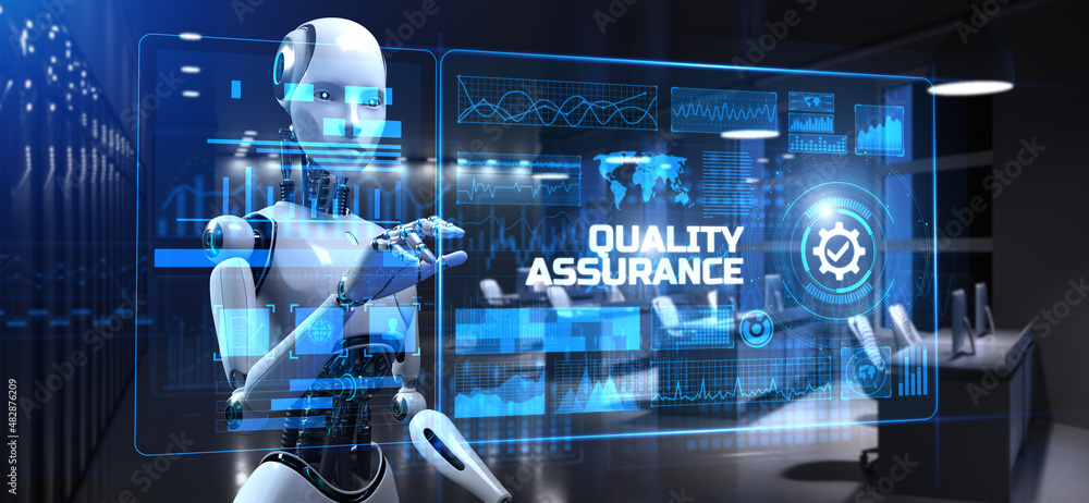custom made wallpaper toronto digitalQuality assurance control standard concept. Robot pressing button on screen 3d render.