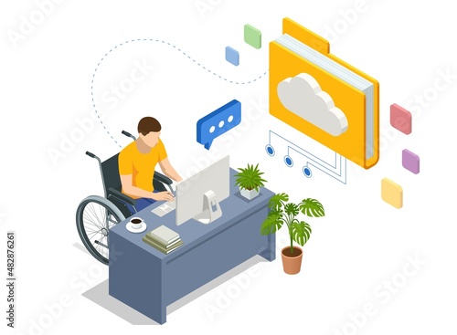 Isometric modern cloud technology and networking concept. Web cloud technology business. Internet data services. People with disability, person who uses a wheelchair, wheelchair user