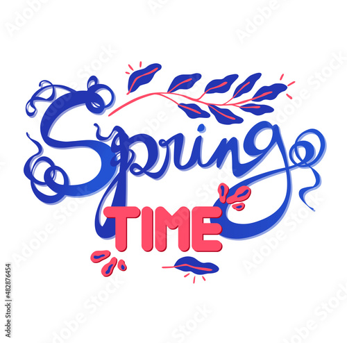 ‎Letrero de letras escritas a mano y vectorizado "Spring time". Recurso grafico sobre fondo blanco sobre la primavera en color azul y rosa	