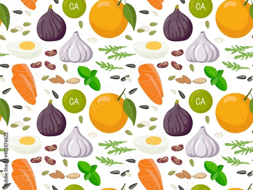 High calcium foods seamless pattern. Healthy lifestyle. Influence on bone and neuromuscular system. Foods rich with Ca greens, dairy products, nuts, fruits and fish. Flat vector bakground for paper