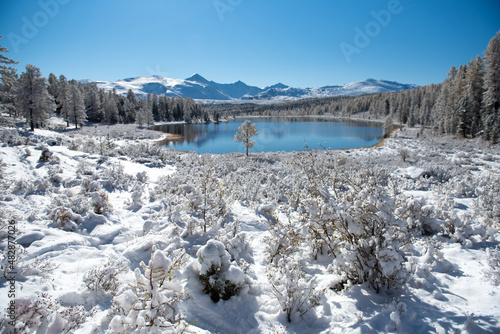 Lake in the mountains. Winter. Mountain landscape. Lake Kidel. Altai. photo