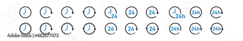 Clock set icons. All time 24 hour and arrow sign symbol. Vector