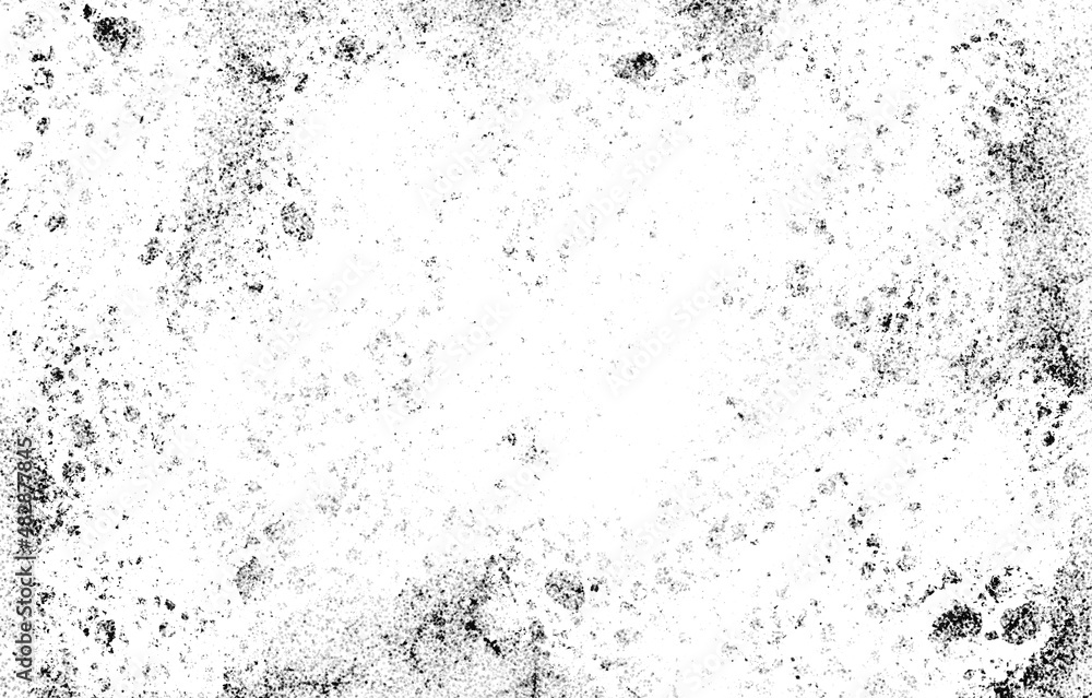 Grunge black and white pattern. Monochrome particles abstract texture. Background of cracks, scuffs, chips, stains, ink spots, lines. Dark design background surface.