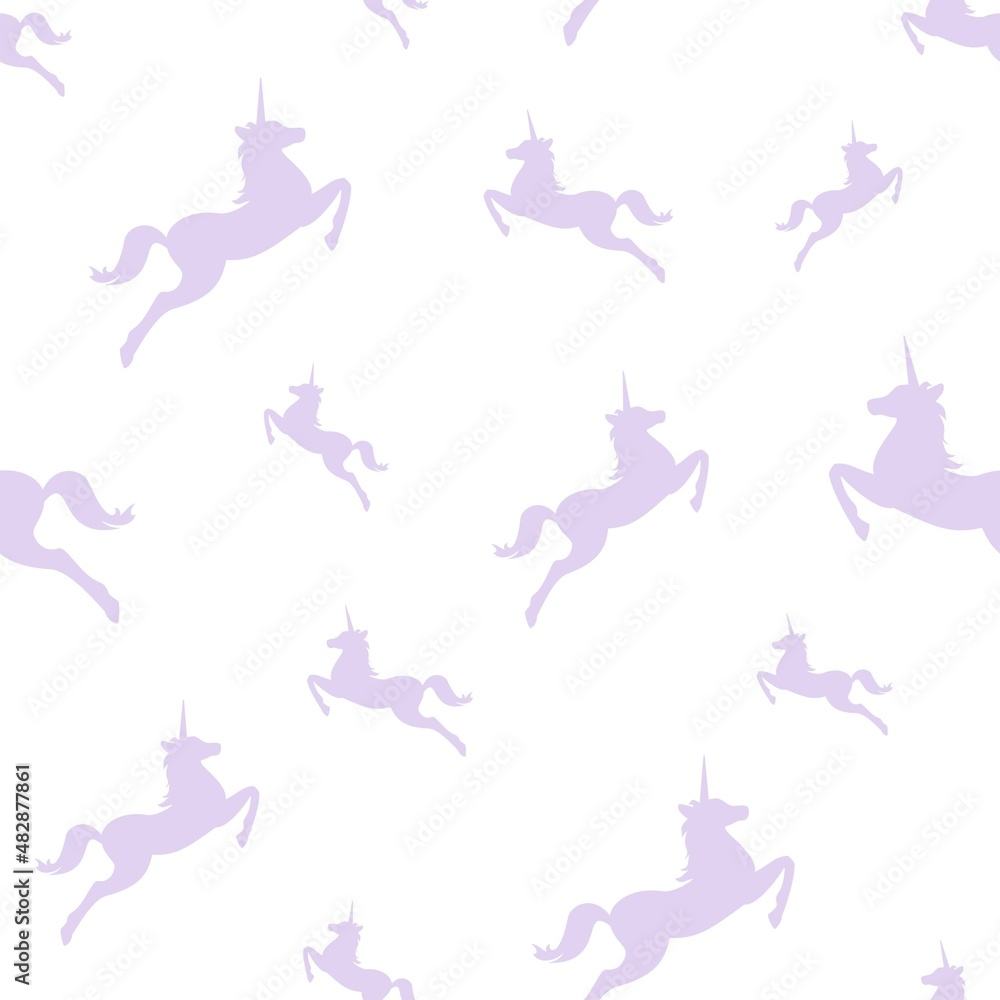 seamless fantasy pattern with colorful silhouettes of unicorns.