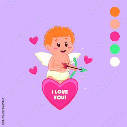 Cute cartoon cupid with heart vector illustration. Isolated character vector. Flat cartoon style