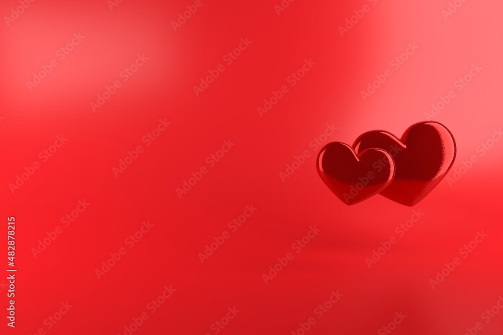 Two burgundy shiny metallic hearts on a red background with space for text. Simple romantic card template for Valentine's Day, Women's Day or wedding. 3d render, copy space