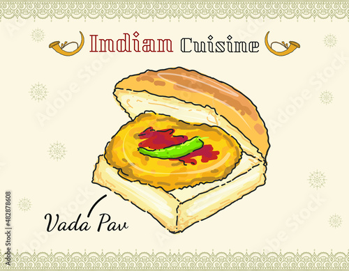 Vada pav vegetarian sandwich fast food dish fried potato dumpling in bun Indian isolated dish colored vector doodle