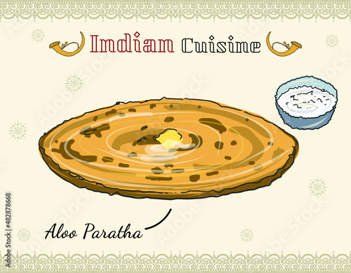 Northern Indian cuisine. Indian dish doodle styled cuisine, Aloo Paratha with curd. Indian Potato stuffed Tandoori Naan