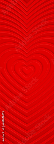 3D bright red hearts with soft shadow from center. Abstract romantic backgrou...