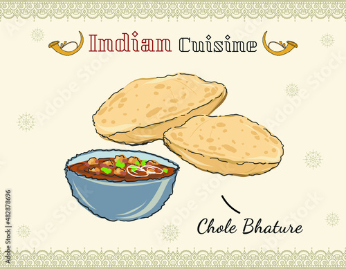 Illustration Indian cuisine. Chole Bhature or Chick pea curry and Fried Puri served in terracotta crockery. Indian cuisine isolated dish colored vector doodle.