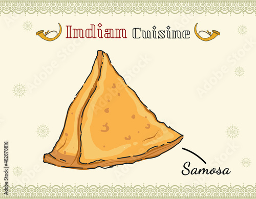 Doodle styled indian fried snack triangular shaped cuisine samosa Break or tea time snack called samosas with sauces