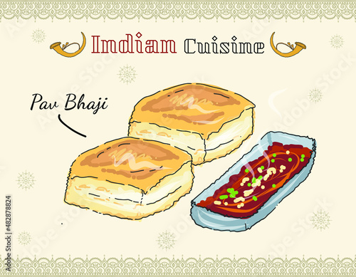 Pav Bhaji Vector Illustration. Indian Pav and Bhaji Concept. Indian Cuisine Meal Dish. Pav Bhaji Indian Street Food