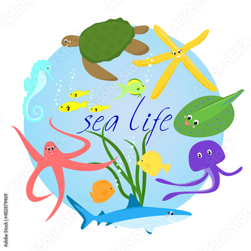 set with cute sea animals and the text Sea Life. Vector illustration in a flat style under water