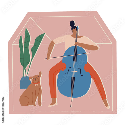 Women at home playing violoncello with dog listening the music. Hobbies and social distancing activities during virus epidemic quarantine illustration. Vector illustration