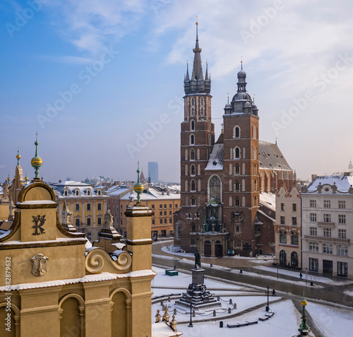 View on Saint Mary's Basilica located on Main Square in Krakow in the morning, Poland