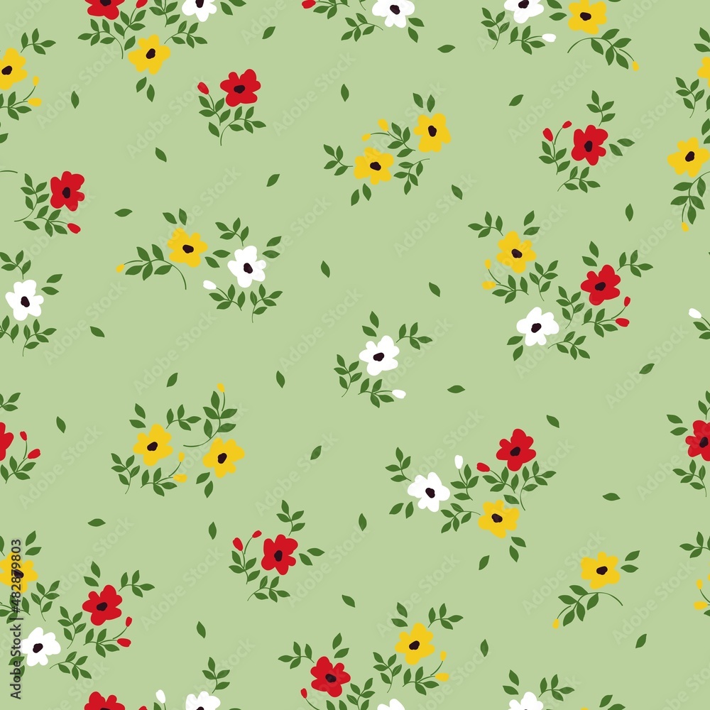 Seamless vintage pattern. White, yellow and red flowers, green leaves. Light green background. vector texture. fashionable print for textiles, wallpaper and packaging.