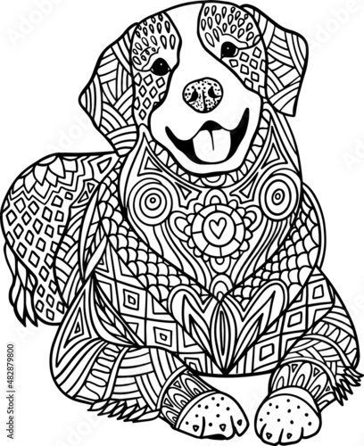 Hand drawn Coloring pages with dog  , zentangle illustration for adult anti stress Coloring books or tattoos with high details isolated on white background. Vector monochrome sketch