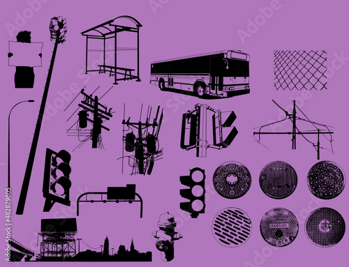 set città simboli urbani semaforo autobus tombini lampione fermata pensilina