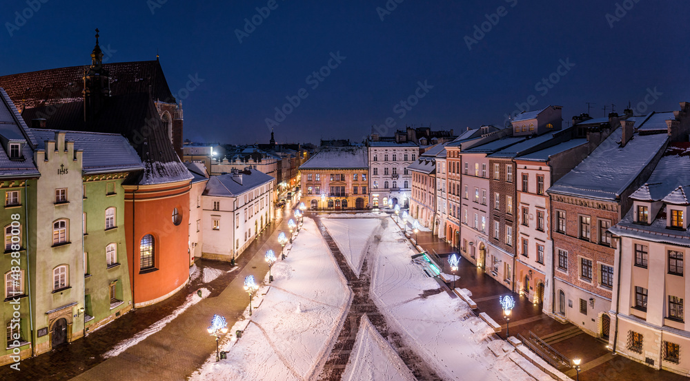 Obraz premium Panorama of Small Market Square (Maly Rynek) in Krakow at night in winter, Poland