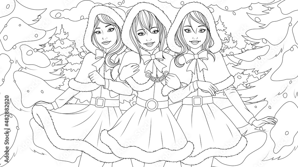 Vector illustration, beautiful girls-friends in Christmas dresses posing in nature