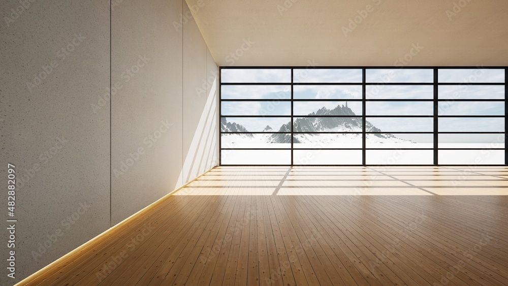 Fototapeta premium house with big glass window and wooden floor