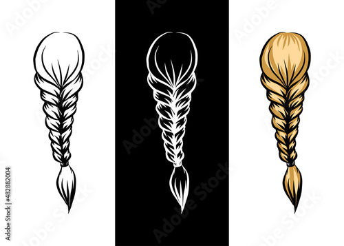 Beautiful lady hairstyle braid icon set isolated doodle drawing outline sketch graphic vector logo design beauty salon hair flat line art sign braided hairdo simple flat black