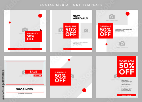 Social media post template. Six editable page or banner, fit for all sale promotion, minimalist concept with red and white color theme.
