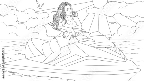 Vector illustration, a beautiful girl rides a jet ski, seaside vacation