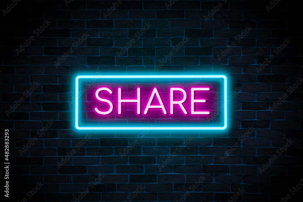 Share button neon banner, light signboard.
Share button neon banner, light signboard.