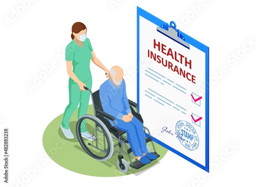 Isometric Health insurance concept. Healthcare, finance and medical service. Medical Document Form. People with disability, person who uses a wheelchair, wheelchair user.