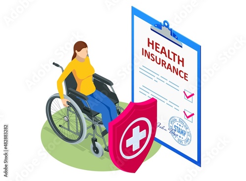 Isometric Health insurance concept. Healthcare, finance and medical service. Medical Document Form. People with disability, person who uses a wheelchair, wheelchair user.