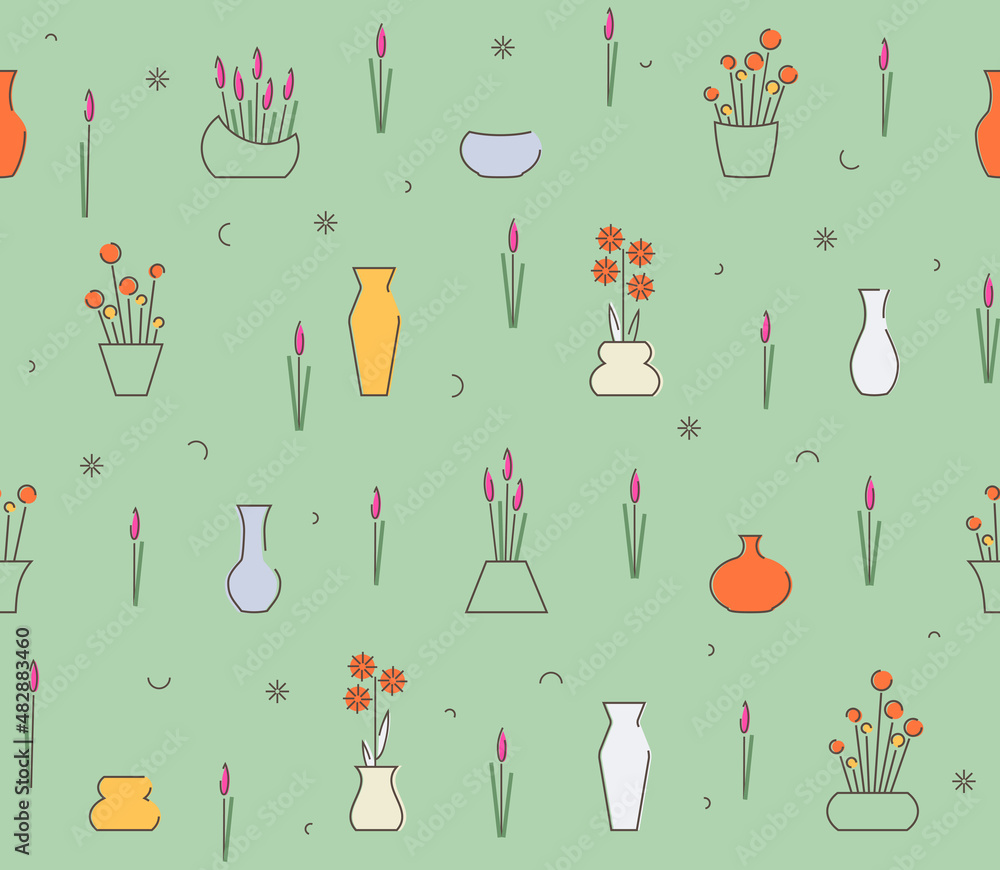 Flowers in vases and vases for flowers, seamless vector illustration on a light green background.