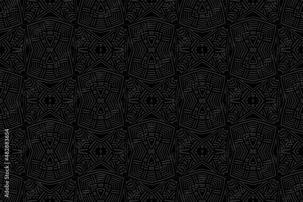 Embossed exotic black background, vintage cover design, ethno style. Geometric monochrome 3D pattern. National flavor of the peoples of the East, Asia, India, Mexico, the Aztecs.