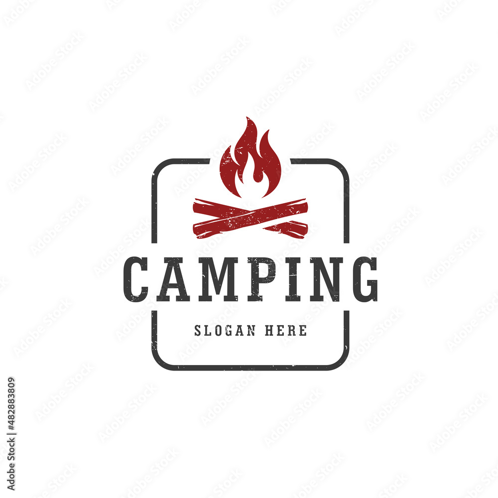 Camp logo with campfire on white background. Vector design illustration. Camp logo with campfire on white background. Vector design illustration.
