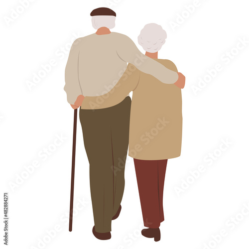 Vector image of a couple of elderly people on a white background. View from the back. Happy old age. An old man and an old woman are walking in an embrace.