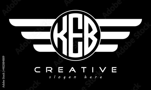KEB three letter monogram type circle letter logo with wings vector template.