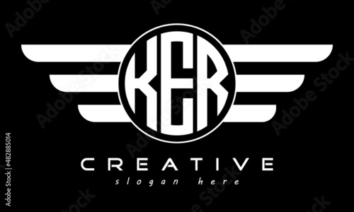 KER three letter monogram type circle letter logo with wings vector template.