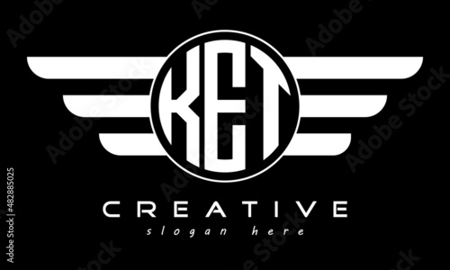 KET three letter monogram type circle letter logo with wings vector template.