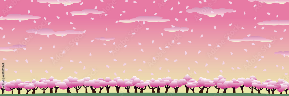 一面の桜の木とピンク色の夕焼けと花びらと雲 3