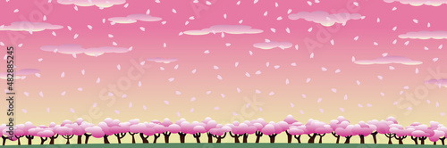 一面の桜の木とピンク色の夕焼けと花びらと雲 3