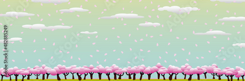 一面の桜の木とエメラルドグリーンの空と花びらと雲 3