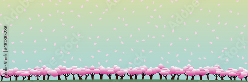 一面の桜の木とエメラルドグリーンの空と花びら 2