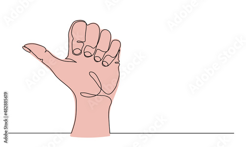 Hand gesture, pointing back thumb. One continuous line art drawing vector illustration of arm showing backside direction