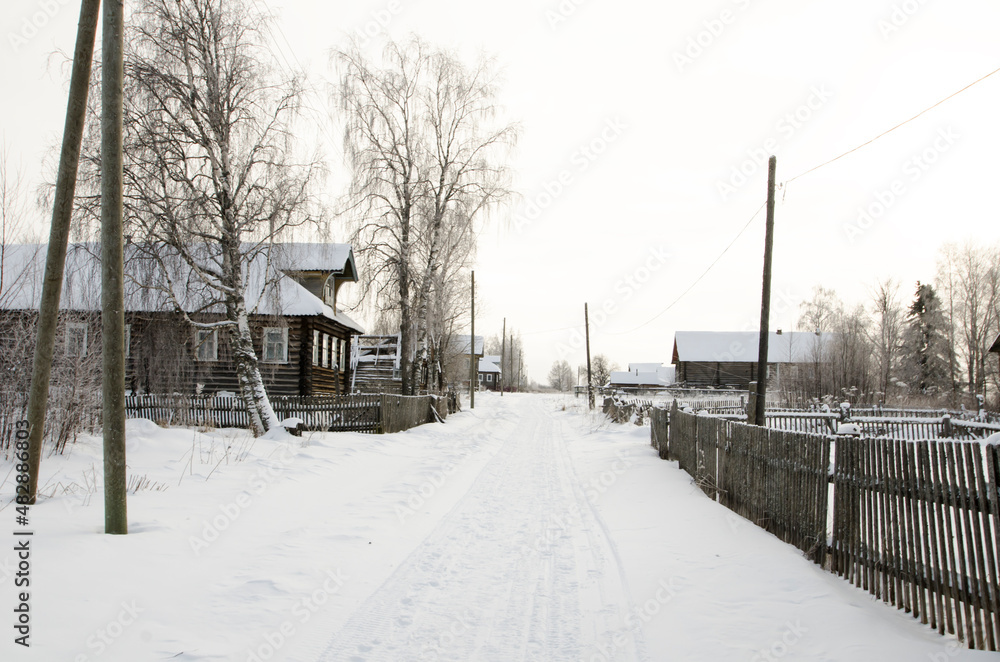 Village house behind a fence. Winter rural landscape 