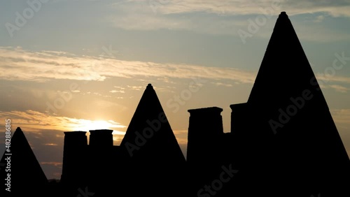 Nubian Pyramids of ancient Kushite kingdoms, Time Lapse at Sunrise with Colorful Clouds, Sudan