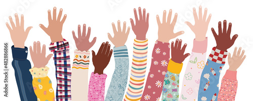 Group of arms and raised hands of multiethnic joyful children. Teamwork kindergarten or school of multicultural children. Friendship and unity between boys and girls of diverse cultures