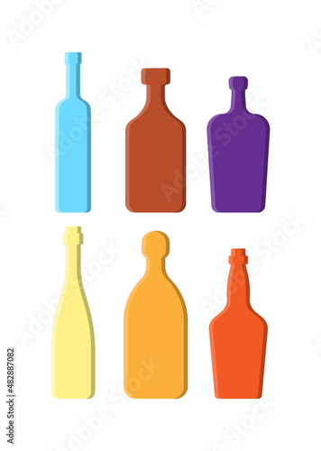 Set drinks. Alcoholic bottle. Vodka rum liquor champagne tequila whiskey. Simple shape isolated with shadow and light. Colored illustration on white background. Flat design style