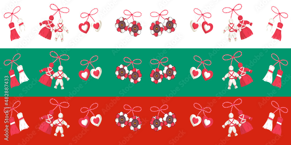 Baba marta decorative pattern on bulgaria flag background